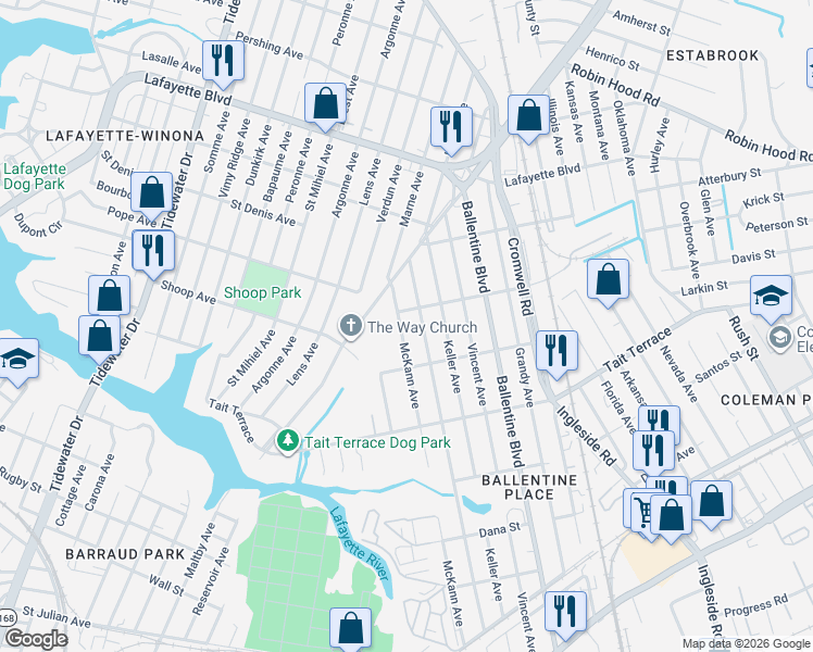 map of restaurants, bars, coffee shops, grocery stores, and more near 2726 McKann Avenue in Norfolk