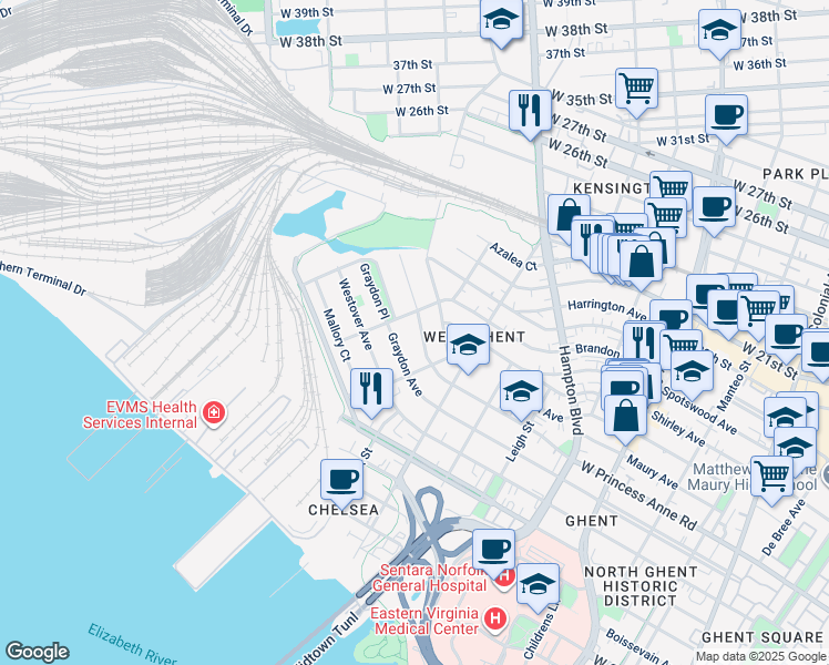 map of restaurants, bars, coffee shops, grocery stores, and more near 1333 West Princess Anne Road in Norfolk