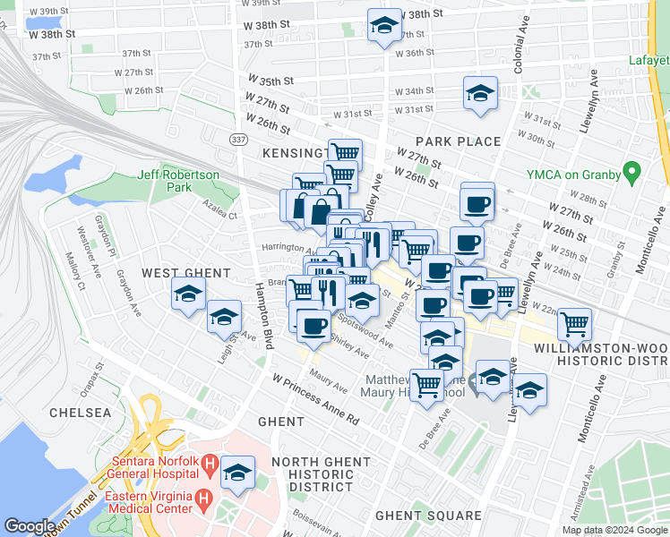 map of restaurants, bars, coffee shops, grocery stores, and more near 809 Harrington Avenue in Norfolk