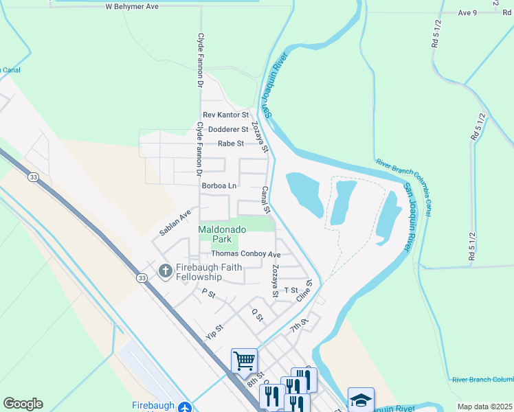 map of restaurants, bars, coffee shops, grocery stores, and more near 727 Father Craig Street in Firebaugh