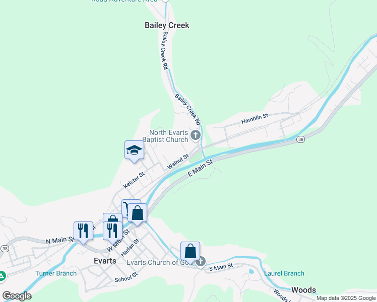 map of restaurants, bars, coffee shops, grocery stores, and more near 390 Kelly Street in Evarts