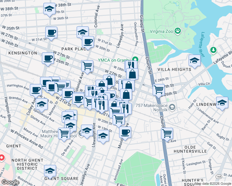 map of restaurants, bars, coffee shops, grocery stores, and more near 201 West 24th Street in Norfolk