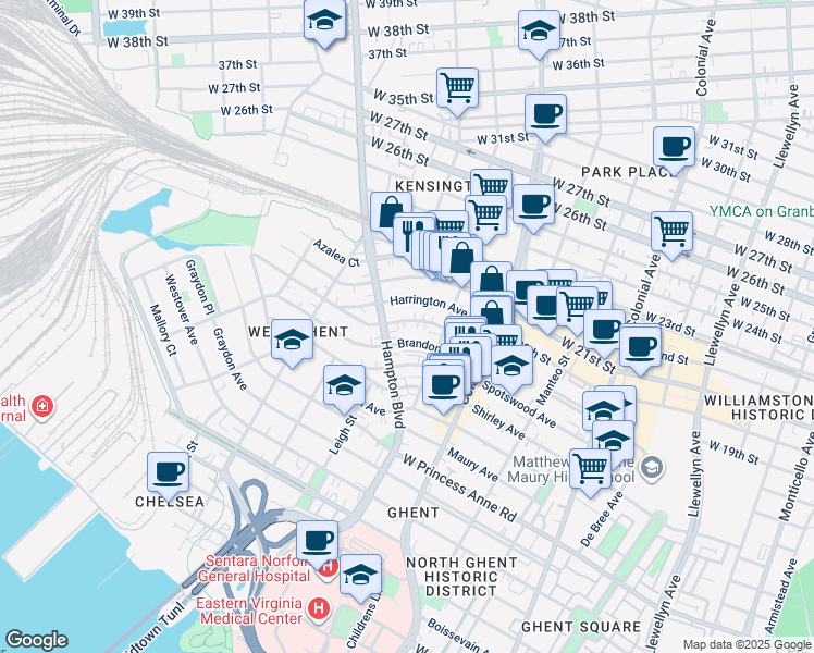 map of restaurants, bars, coffee shops, grocery stores, and more near 1702 Hampton Boulevard in Norfolk