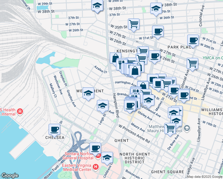 map of restaurants, bars, coffee shops, grocery stores, and more near 1016 Brandon Avenue in Norfolk