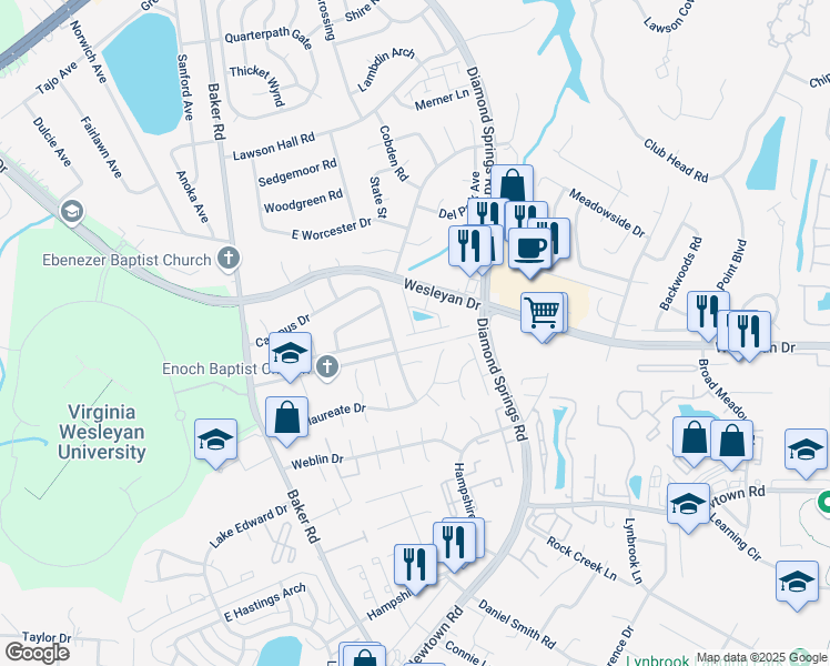map of restaurants, bars, coffee shops, grocery stores, and more near Frog Pond Lane in Virginia Beach