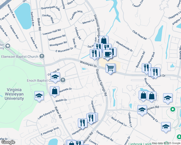 map of restaurants, bars, coffee shops, grocery stores, and more near Frog Pond Lane in Virginia Beach