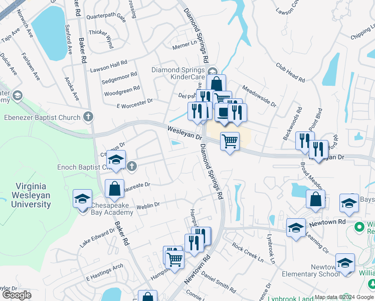 map of restaurants, bars, coffee shops, grocery stores, and more near Frog Pond Lane in Virginia Beach