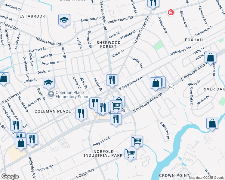 map of restaurants, bars, coffee shops, grocery stores, and more near 2300 Azalea Garden Road in Norfolk