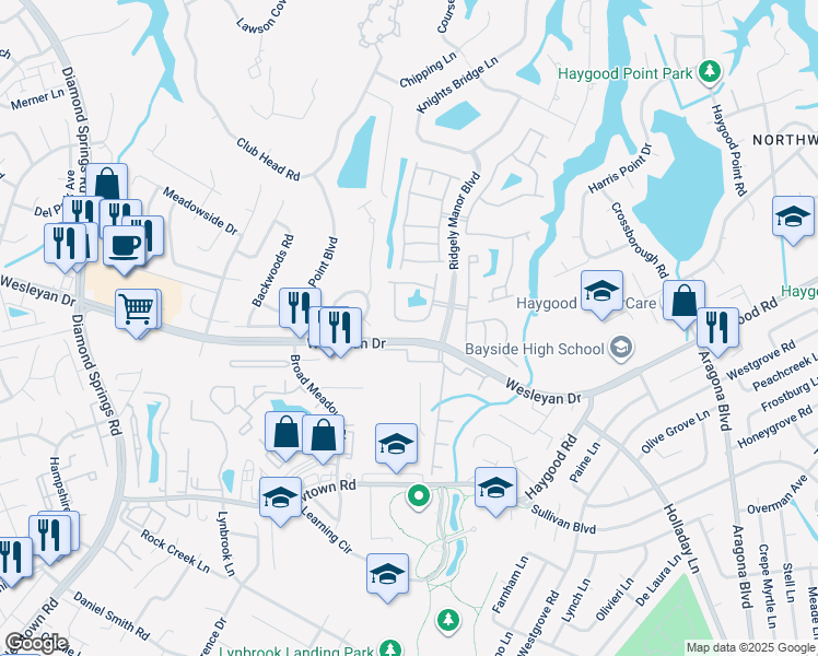map of restaurants, bars, coffee shops, grocery stores, and more near 1205 Grace Hill Drive in Virginia Beach