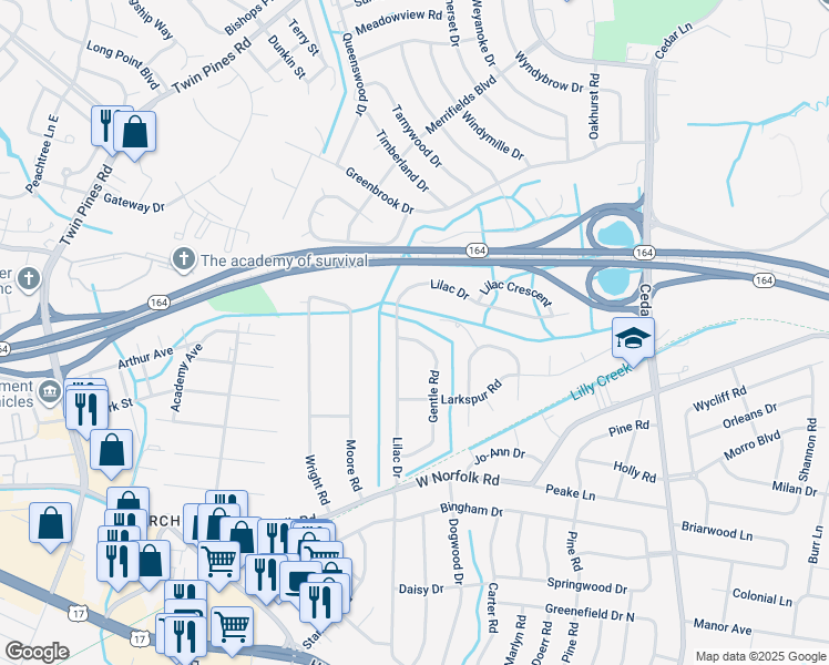 map of restaurants, bars, coffee shops, grocery stores, and more near 3617 Gentle Road in Portsmouth