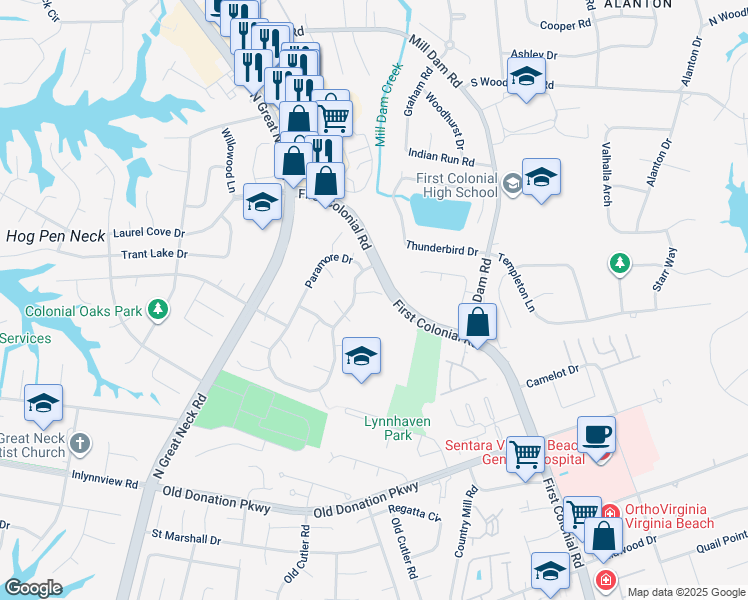 map of restaurants, bars, coffee shops, grocery stores, and more near 1209 Norwood Court in Virginia Beach