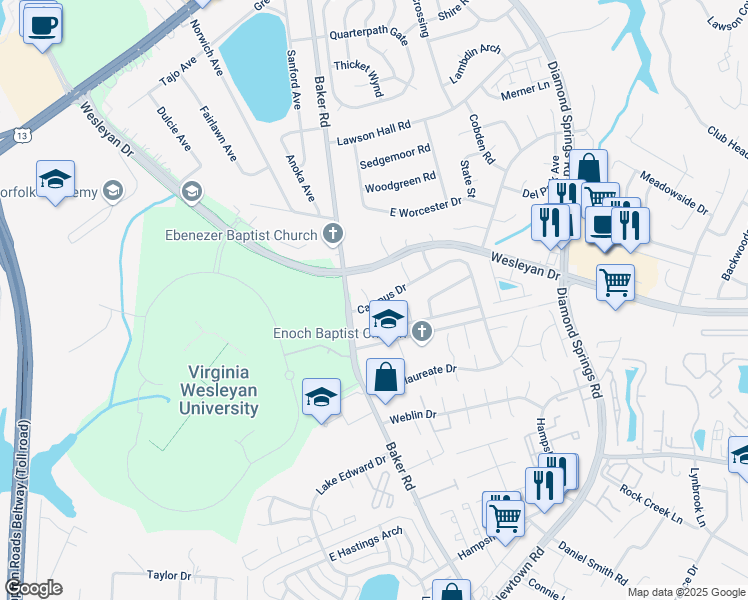 map of restaurants, bars, coffee shops, grocery stores, and more near 924 Monarch Drive in Virginia Beach
