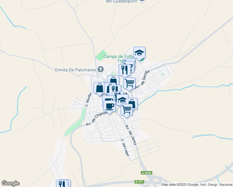 map of restaurants, bars, coffee shops, grocery stores, and more near in Trebujena