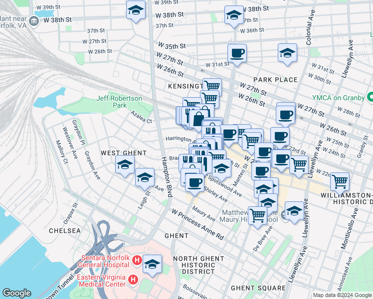 map of restaurants, bars, coffee shops, grocery stores, and more near 913 Gates Avenue in Norfolk
