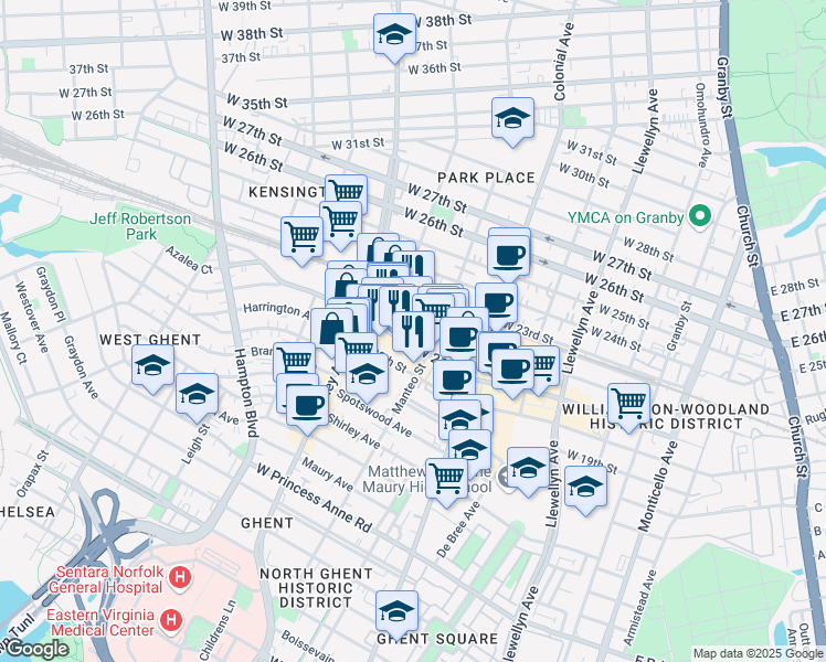 map of restaurants, bars, coffee shops, grocery stores, and more near 721 West 21st Street in Norfolk