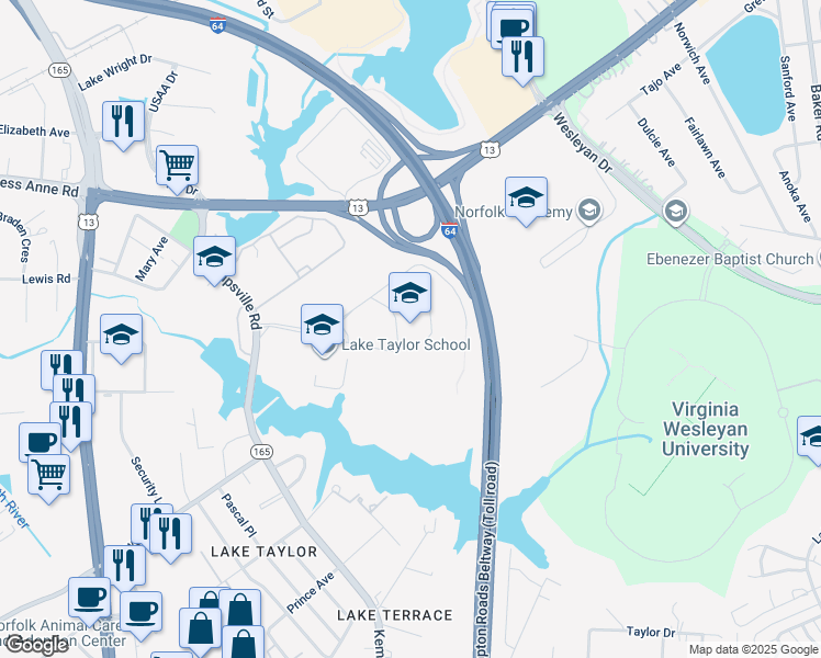 map of restaurants, bars, coffee shops, grocery stores, and more near 1384 Kempsville Road in Norfolk