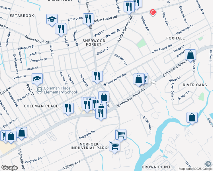 map of restaurants, bars, coffee shops, grocery stores, and more near 1577 Miltate Avenue in Norfolk