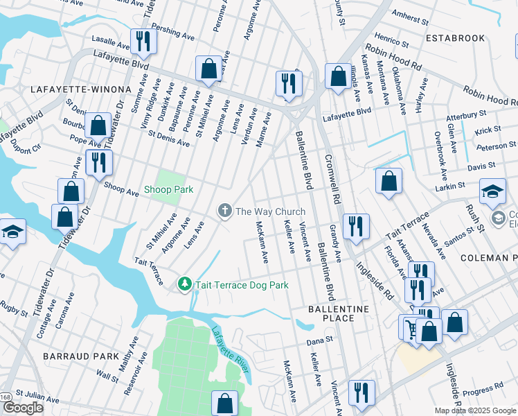 map of restaurants, bars, coffee shops, grocery stores, and more near 2740 McKann Avenue in Norfolk