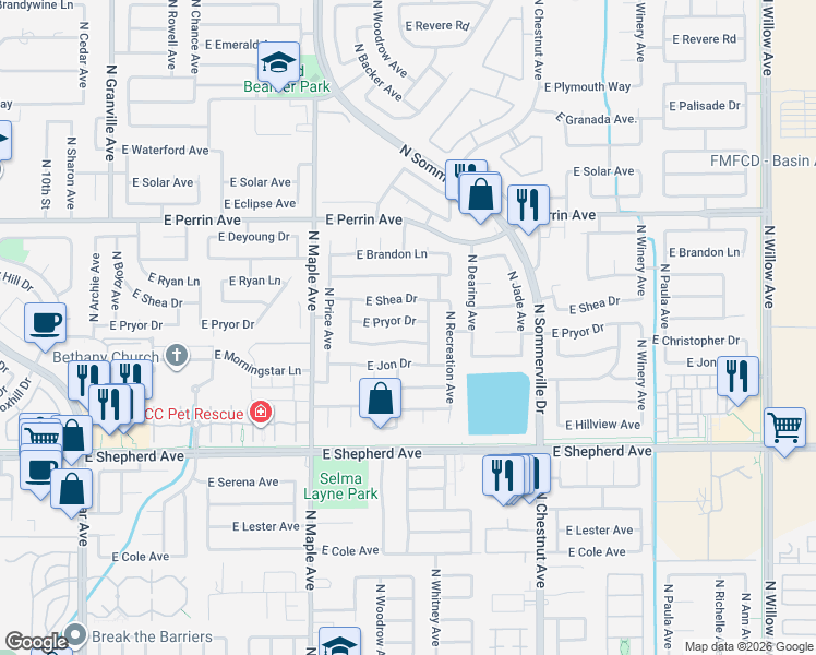 map of restaurants, bars, coffee shops, grocery stores, and more near 2232 East Christopher Drive in Fresno