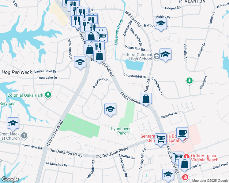 map of restaurants, bars, coffee shops, grocery stores, and more near 1209 Norwood Court in Virginia Beach