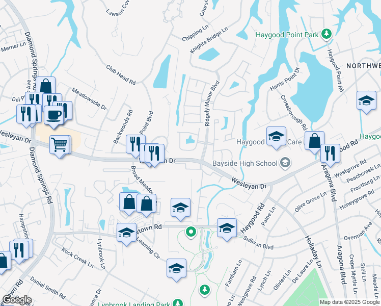 map of restaurants, bars, coffee shops, grocery stores, and more near 5300 Warminster Drive in Virginia Beach