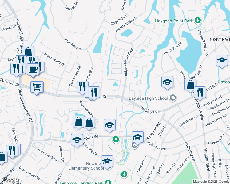 map of restaurants, bars, coffee shops, grocery stores, and more near 5300 Warminster Drive in Virginia Beach