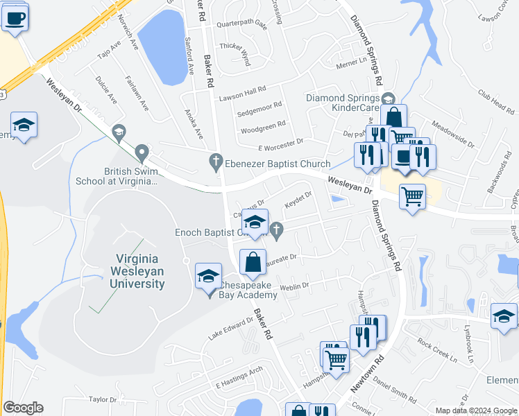 map of restaurants, bars, coffee shops, grocery stores, and more near 913 Wolfpack Court in Virginia Beach