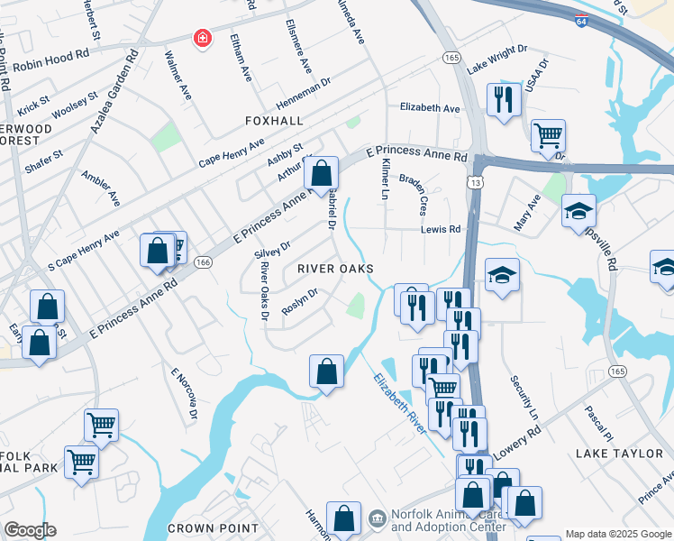map of restaurants, bars, coffee shops, grocery stores, and more near 5368 Roslyn Drive in Norfolk