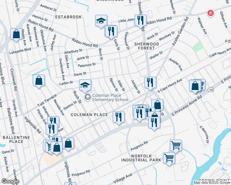 map of restaurants, bars, coffee shops, grocery stores, and more near 2405 Birch Street in Norfolk