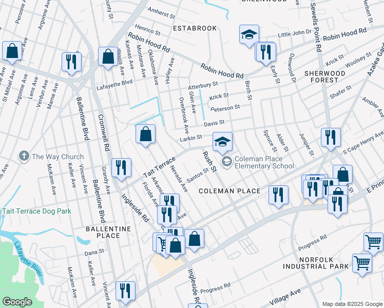 map of restaurants, bars, coffee shops, grocery stores, and more near 2521 Palmetto Street in Norfolk