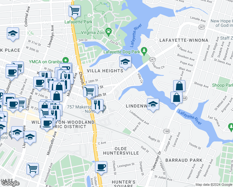 map of restaurants, bars, coffee shops, grocery stores, and more near 822 East 25th Street in Norfolk