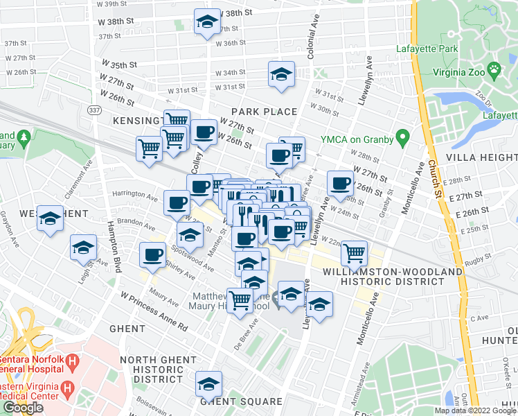 map of restaurants, bars, coffee shops, grocery stores, and more near in Norfolk