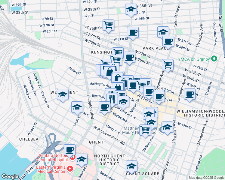 map of restaurants, bars, coffee shops, grocery stores, and more near 816 Gates Avenue in Norfolk