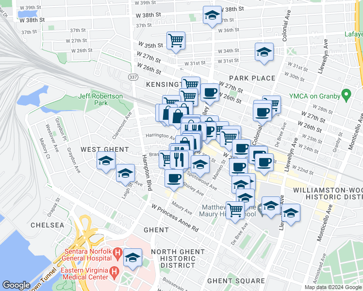 map of restaurants, bars, coffee shops, grocery stores, and more near 816 Gates Avenue in Norfolk
