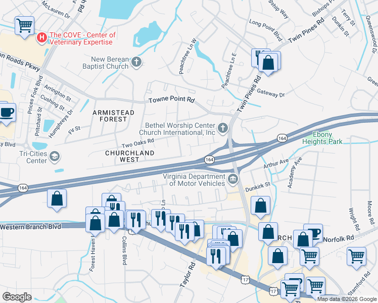 map of restaurants, bars, coffee shops, grocery stores, and more near 3799 Old Farm Road in Portsmouth