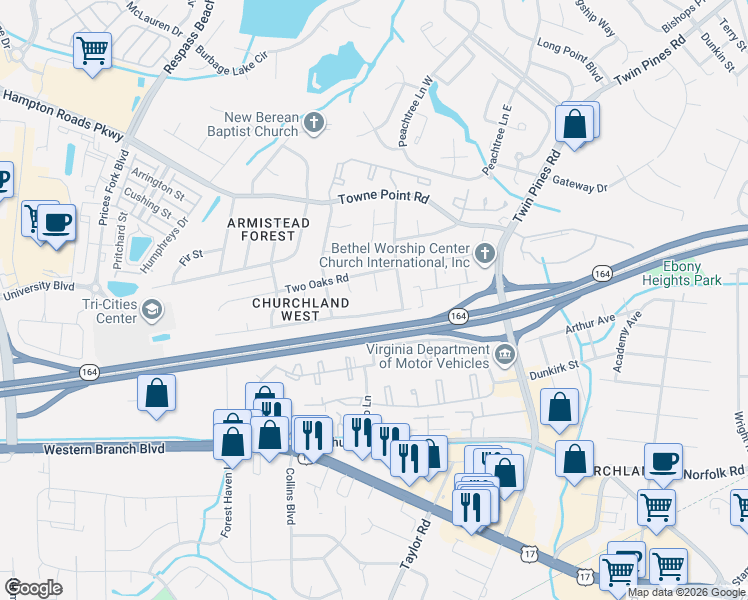 map of restaurants, bars, coffee shops, grocery stores, and more near 3824 Old Farm Road in Portsmouth