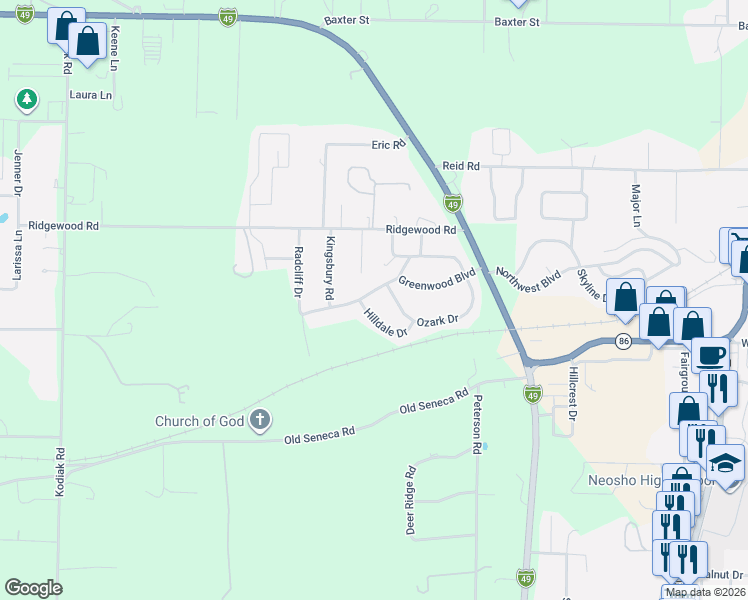 map of restaurants, bars, coffee shops, grocery stores, and more near 1501-1599 Hilldale Dr in Neosho