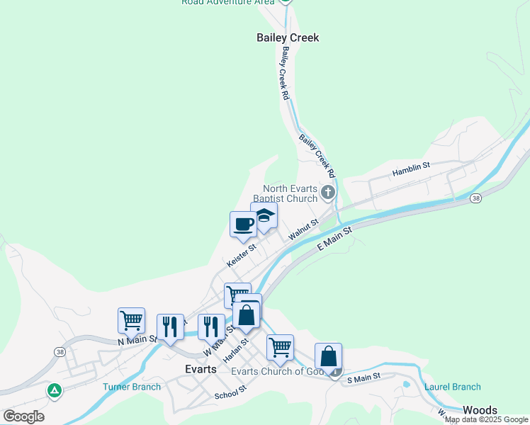 map of restaurants, bars, coffee shops, grocery stores, and more near 101 Walnut Street in Evarts