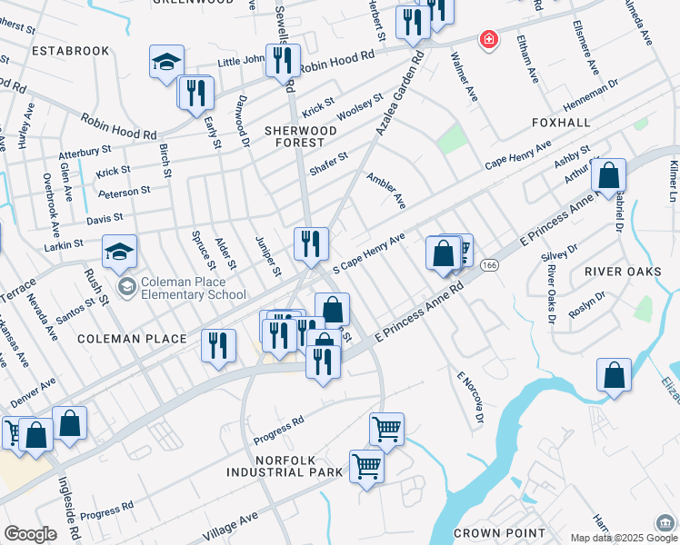 map of restaurants, bars, coffee shops, grocery stores, and more near 1577 Miltate Avenue in Norfolk
