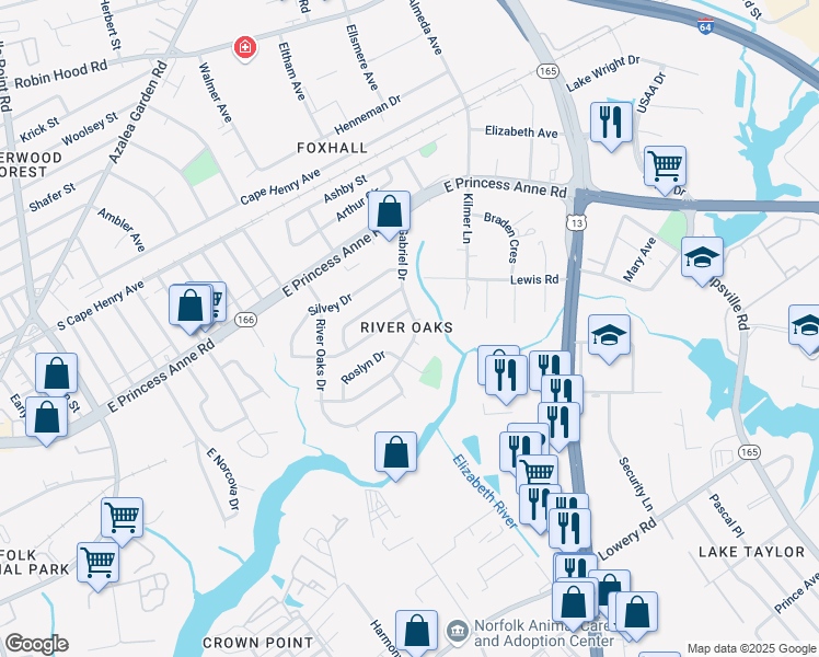 map of restaurants, bars, coffee shops, grocery stores, and more near 5368 Roslyn Drive in Norfolk