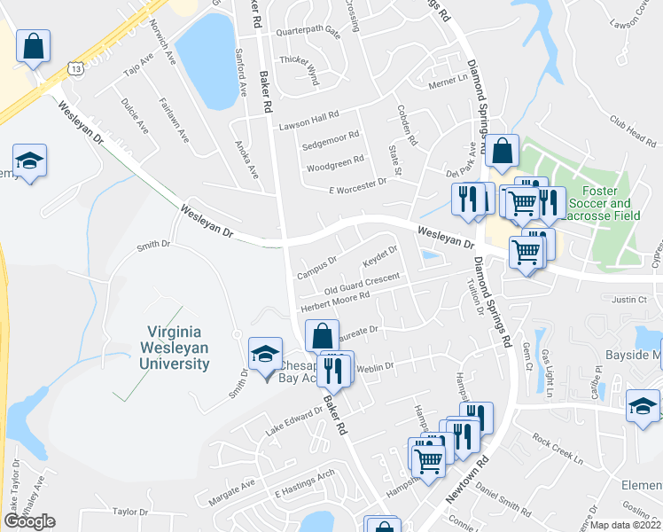 map of restaurants, bars, coffee shops, grocery stores, and more near 913 Wolfpack Court in Virginia Beach