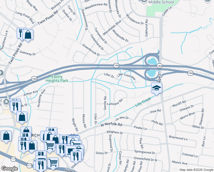 map of restaurants, bars, coffee shops, grocery stores, and more near 3611 Gentle Road in Portsmouth