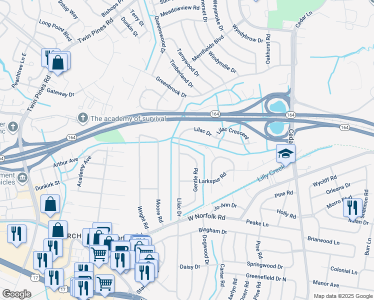 map of restaurants, bars, coffee shops, grocery stores, and more near 3617 Gentle Road in Portsmouth