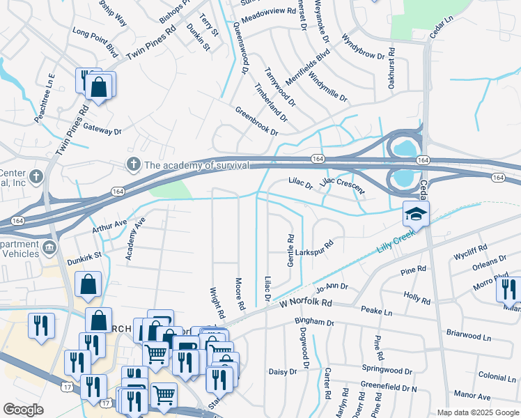 map of restaurants, bars, coffee shops, grocery stores, and more near 3611 Lilac Drive in Portsmouth