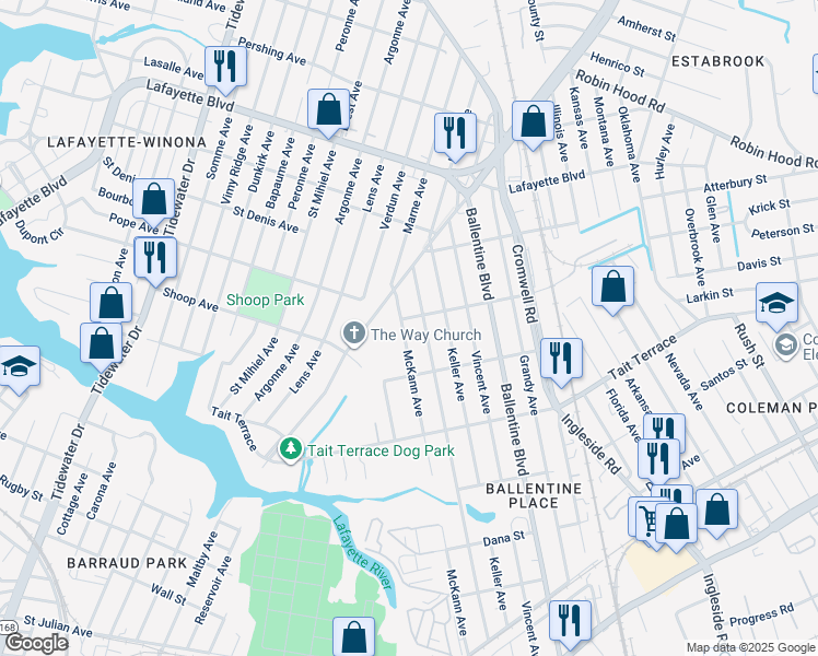 map of restaurants, bars, coffee shops, grocery stores, and more near 2740 McKann Avenue in Norfolk