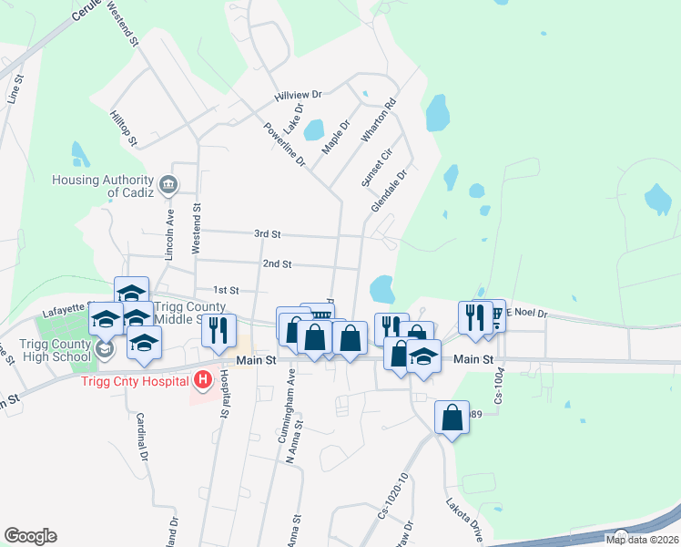 map of restaurants, bars, coffee shops, grocery stores, and more near 74 Wharton Road in Cadiz