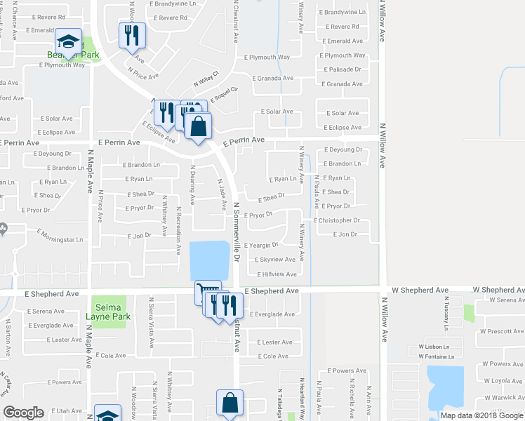 map of restaurants, bars, coffee shops, grocery stores, and more near 2586 East Pryor Drive in Fresno