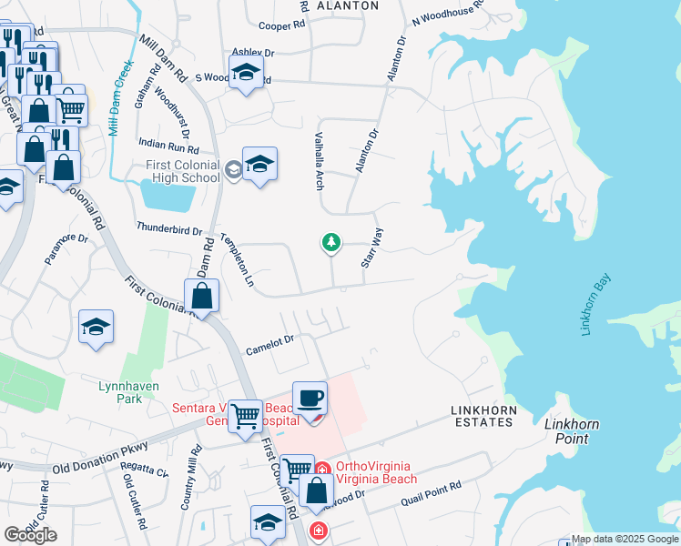 map of restaurants, bars, coffee shops, grocery stores, and more near 1873 Eden Way in Virginia Beach