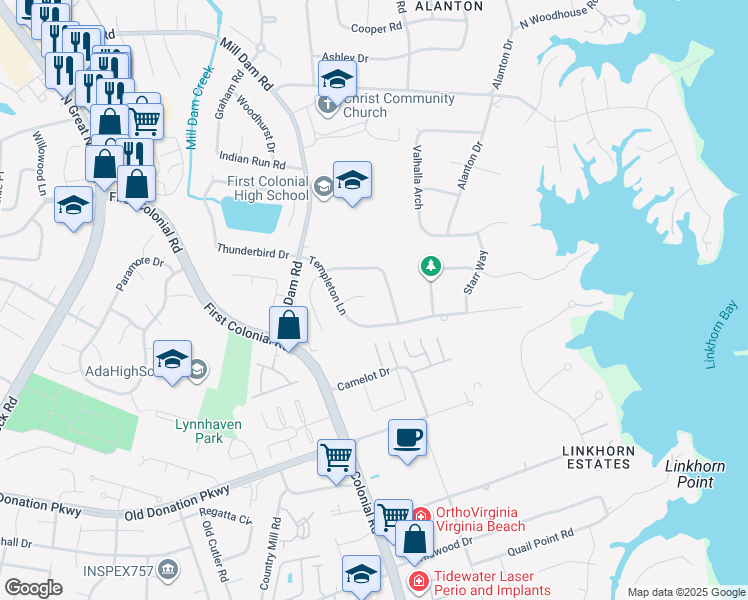 map of restaurants, bars, coffee shops, grocery stores, and more near 1820 Templeton Lane in Virginia Beach