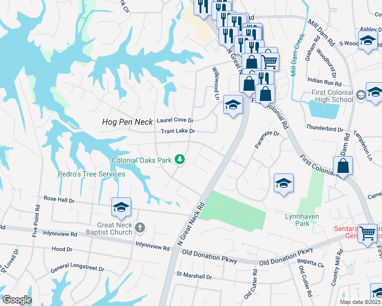map of restaurants, bars, coffee shops, grocery stores, and more near 1272 Parkside Place in Virginia Beach